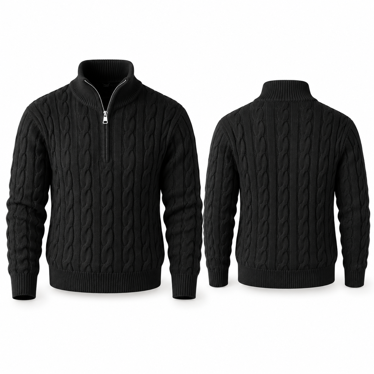 Black cable-knit quarter-zip stand-collar sweater, complete front and back views