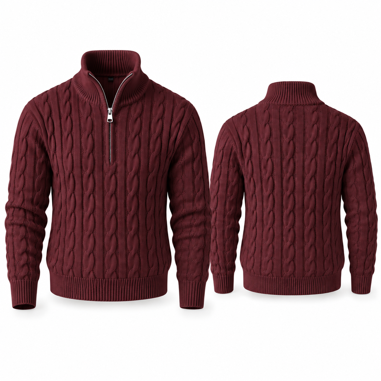 Burgundy cable-knit quarter-zip stand-collar sweater, complete front and back views