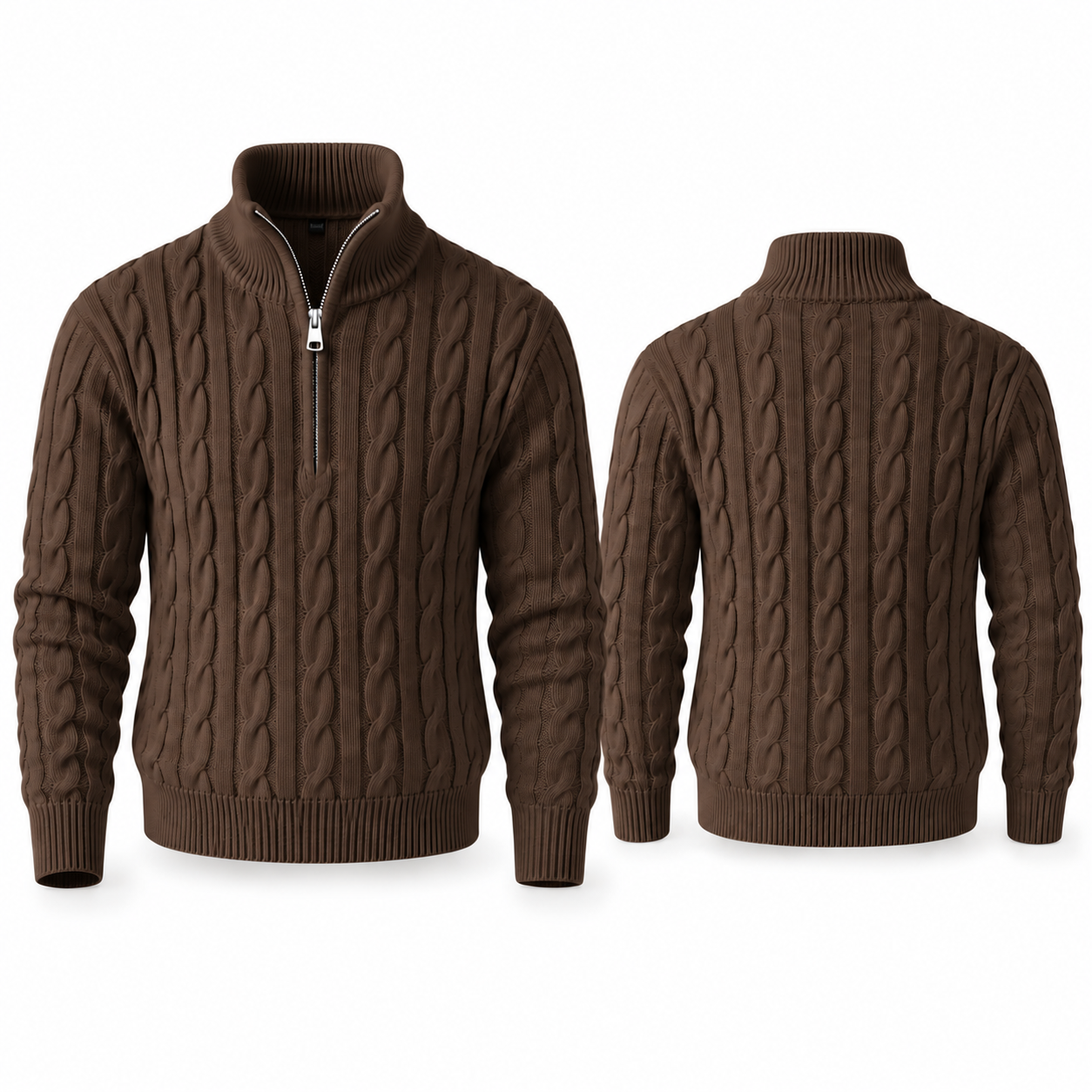 Chocolate Brown cable-knit quarter-zip stand-collar sweater, complete front and back views