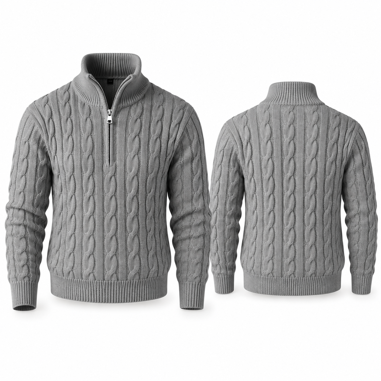 Heather Gray cable-knit quarter-zip stand-collar sweater, complete front and back views