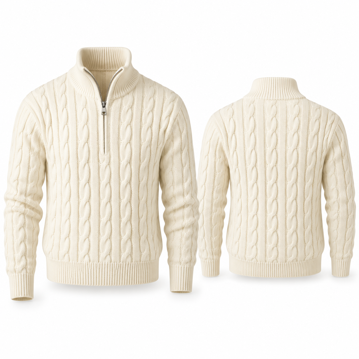 Ivory cable-knit quarter-zip stand-collar sweater, complete front and back views