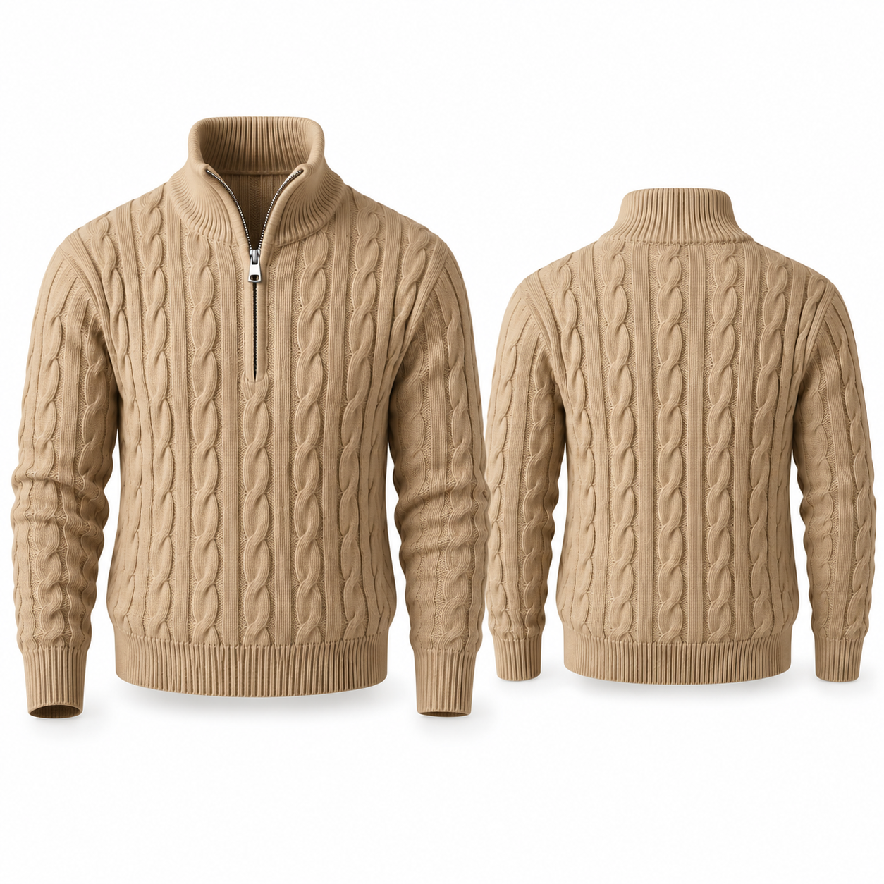 Khaki cable-knit quarter-zip stand-collar sweater, complete front and back views