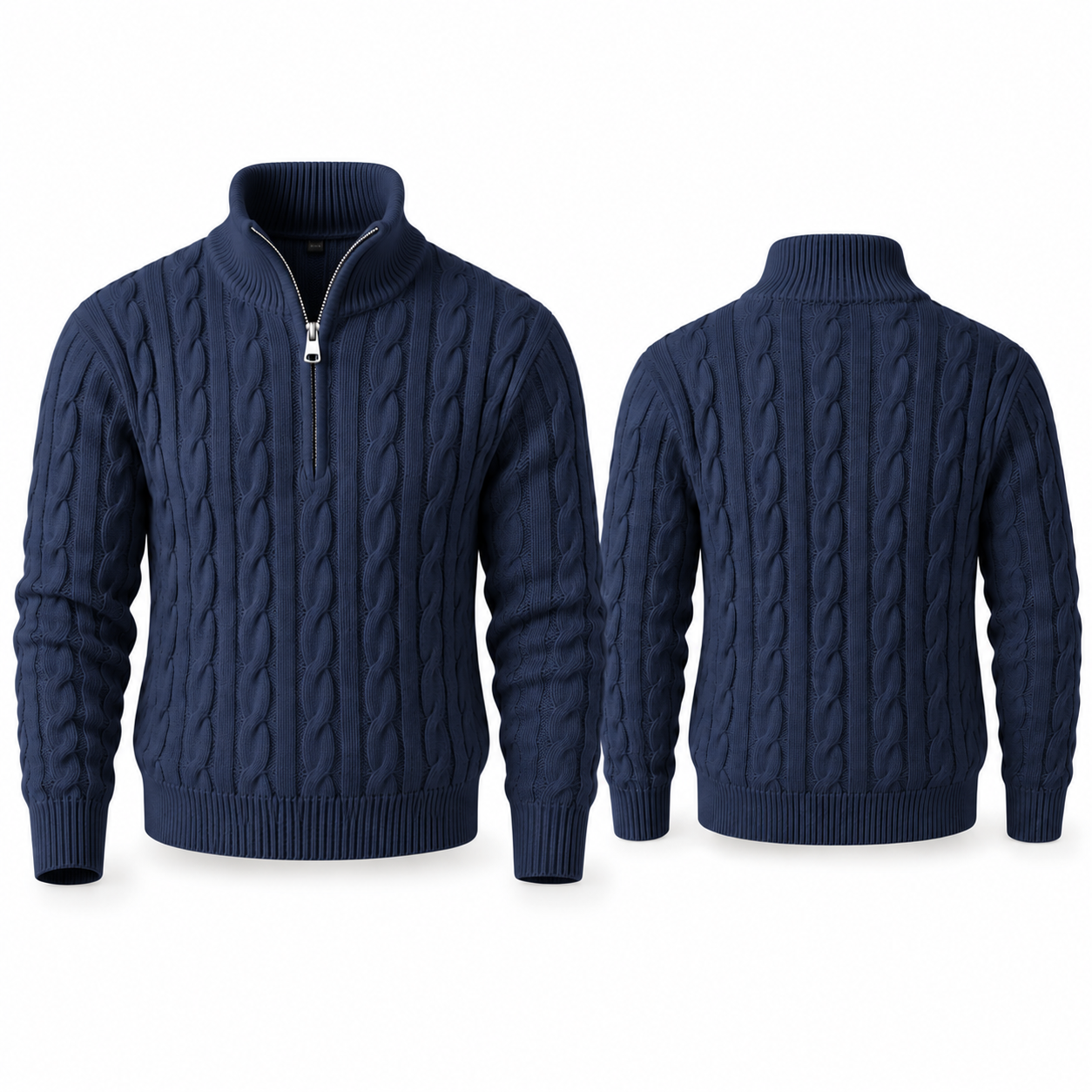 Navy cable-knit quarter-zip stand-collar sweater, complete front and back views