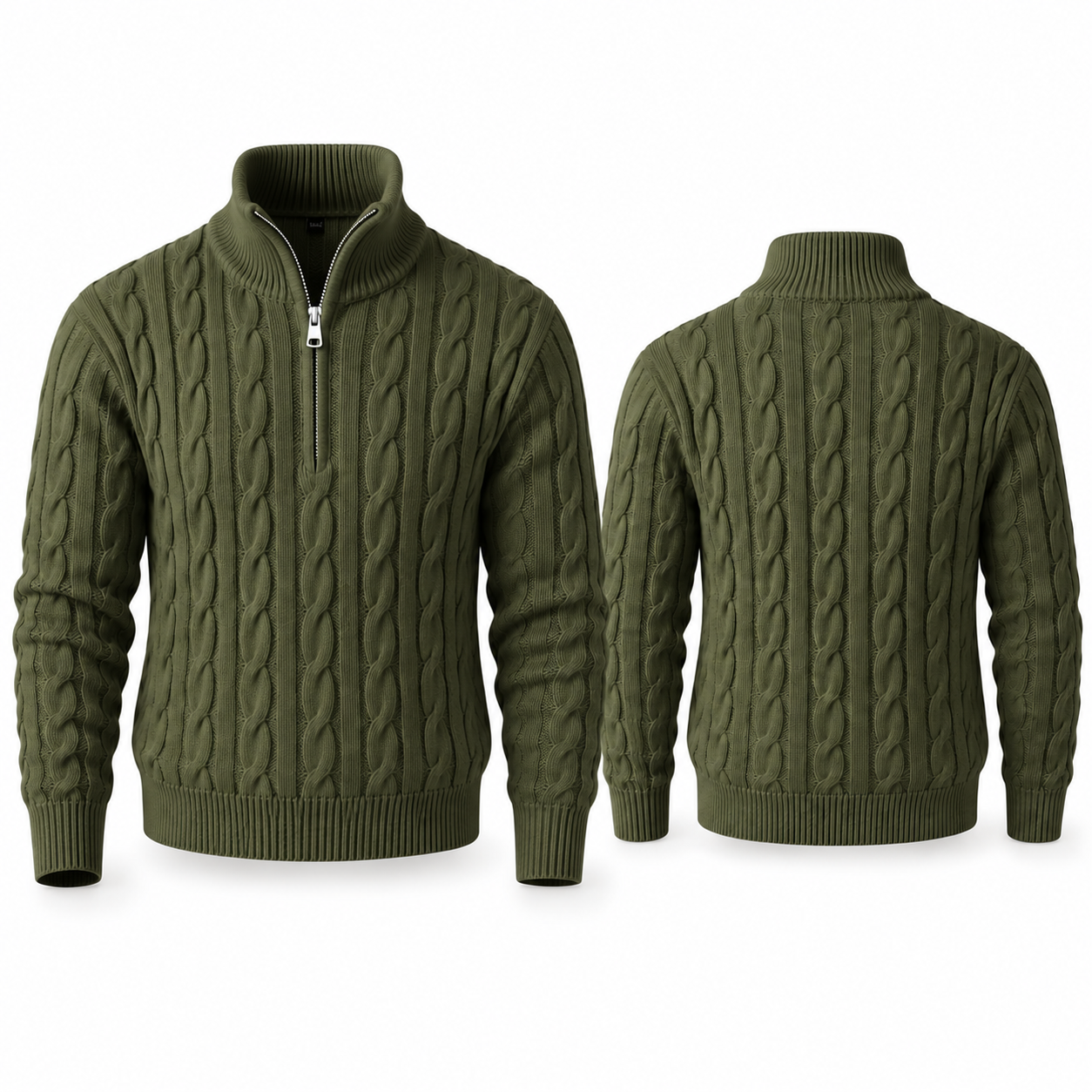 Olive Green cable-knit quarter-zip stand-collar sweater, complete front and back views