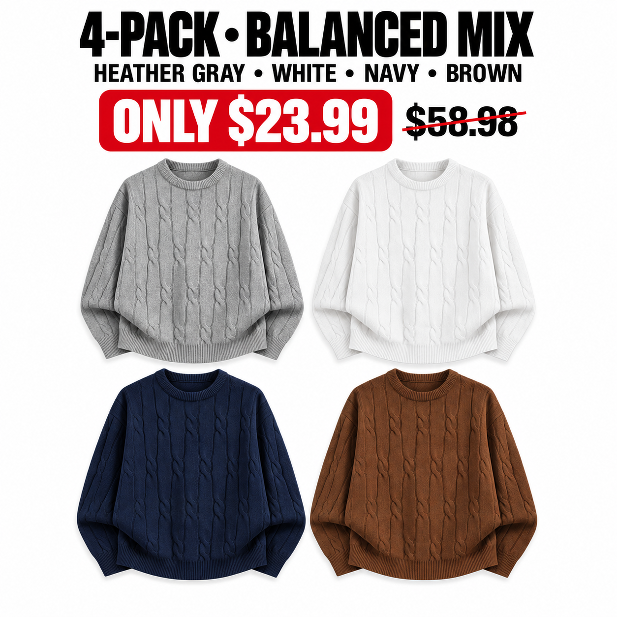 Heather Gray, White, Navy and Brown cable-knit sweaters, 4-Pack Balanced Mix, $23.99