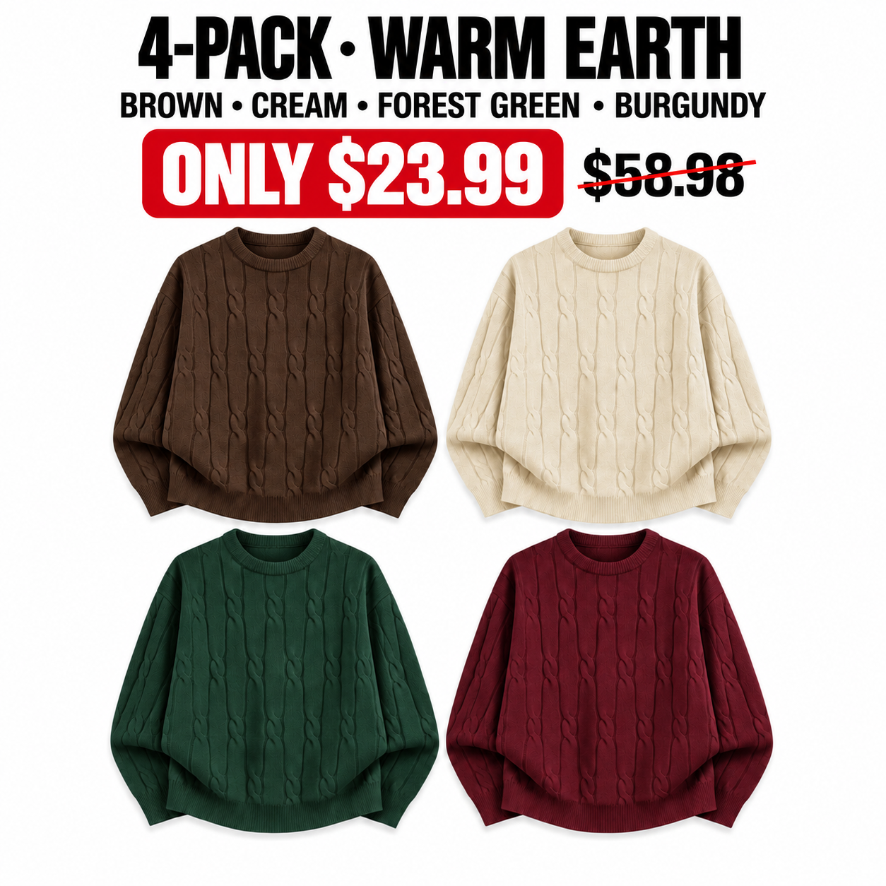 Brown, Cream, Forest Green and Burgundy cable-knit sweaters, 4-Pack Warm Earth, $23.99