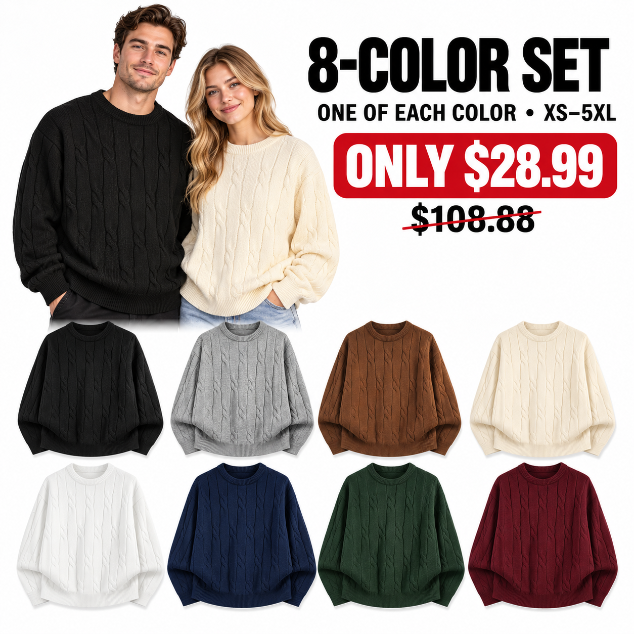 Unisex cable-knit crewneck sweaters, 8-Pack All Colors, $28.99