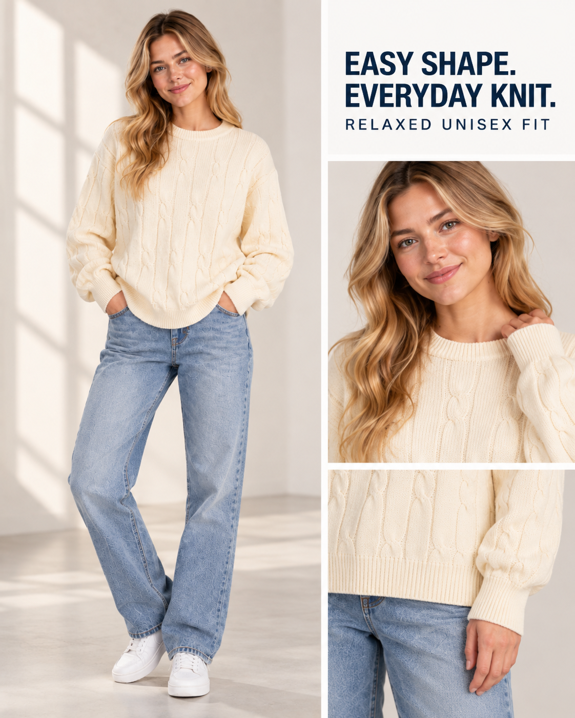Cream cable-knit sweater on female model with fit details
