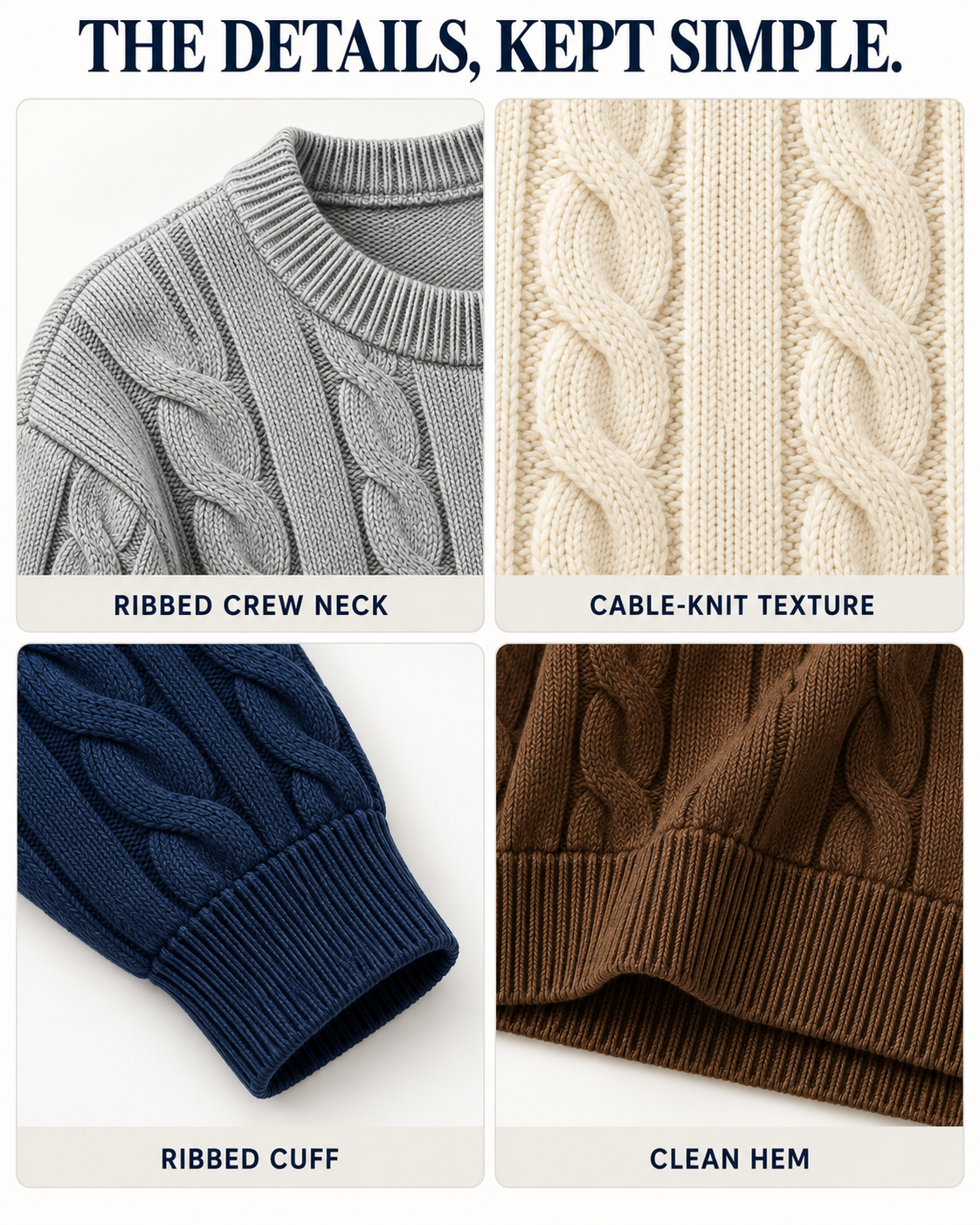 Cable-knit sweater neckline texture cuff and hem details
