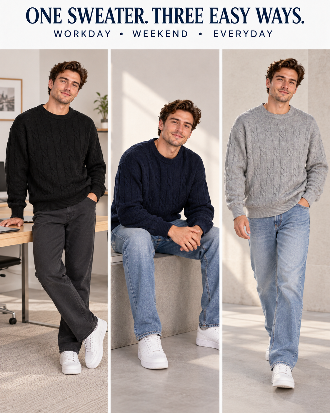 Male model styling the cable-knit sweater three ways