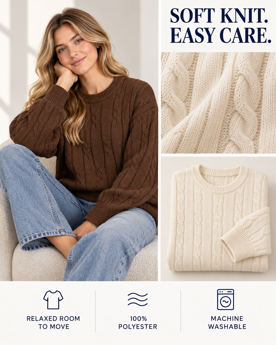 Female model comfort fabric and care collage