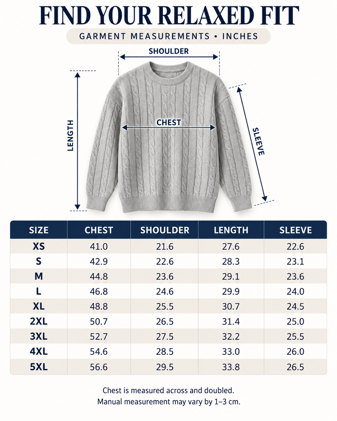 XS to 5XL garment measurement size chart
