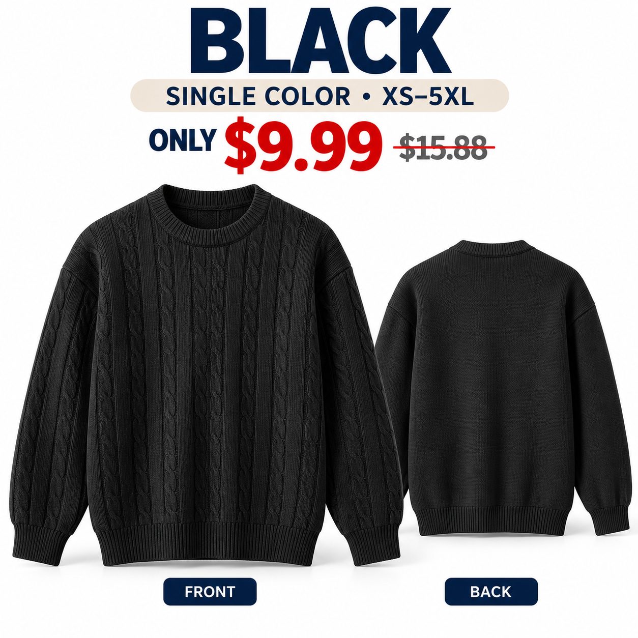 Black cable-knit crewneck sweater, front and back