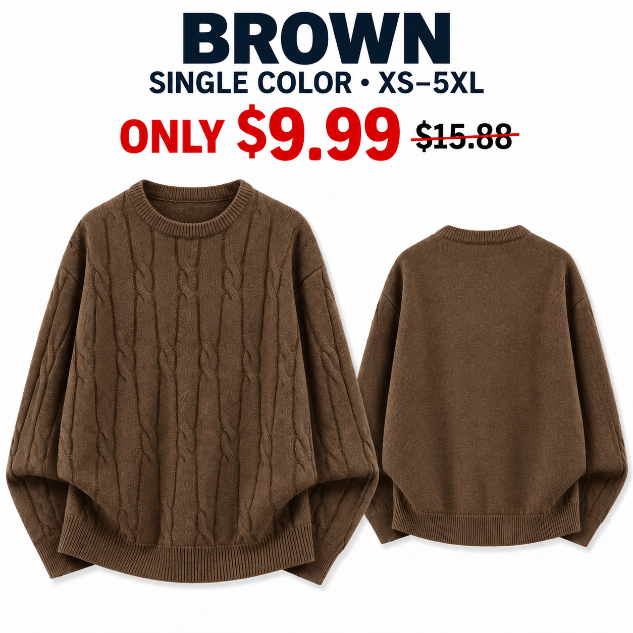 Brown cable-knit crewneck sweater, front and back