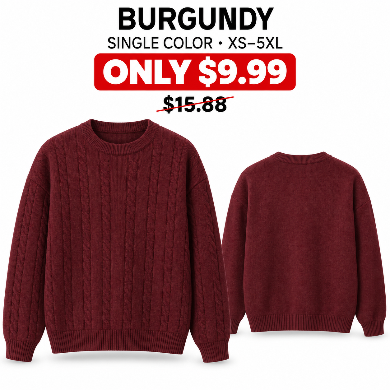 Burgundy cable-knit crewneck sweater, front and back