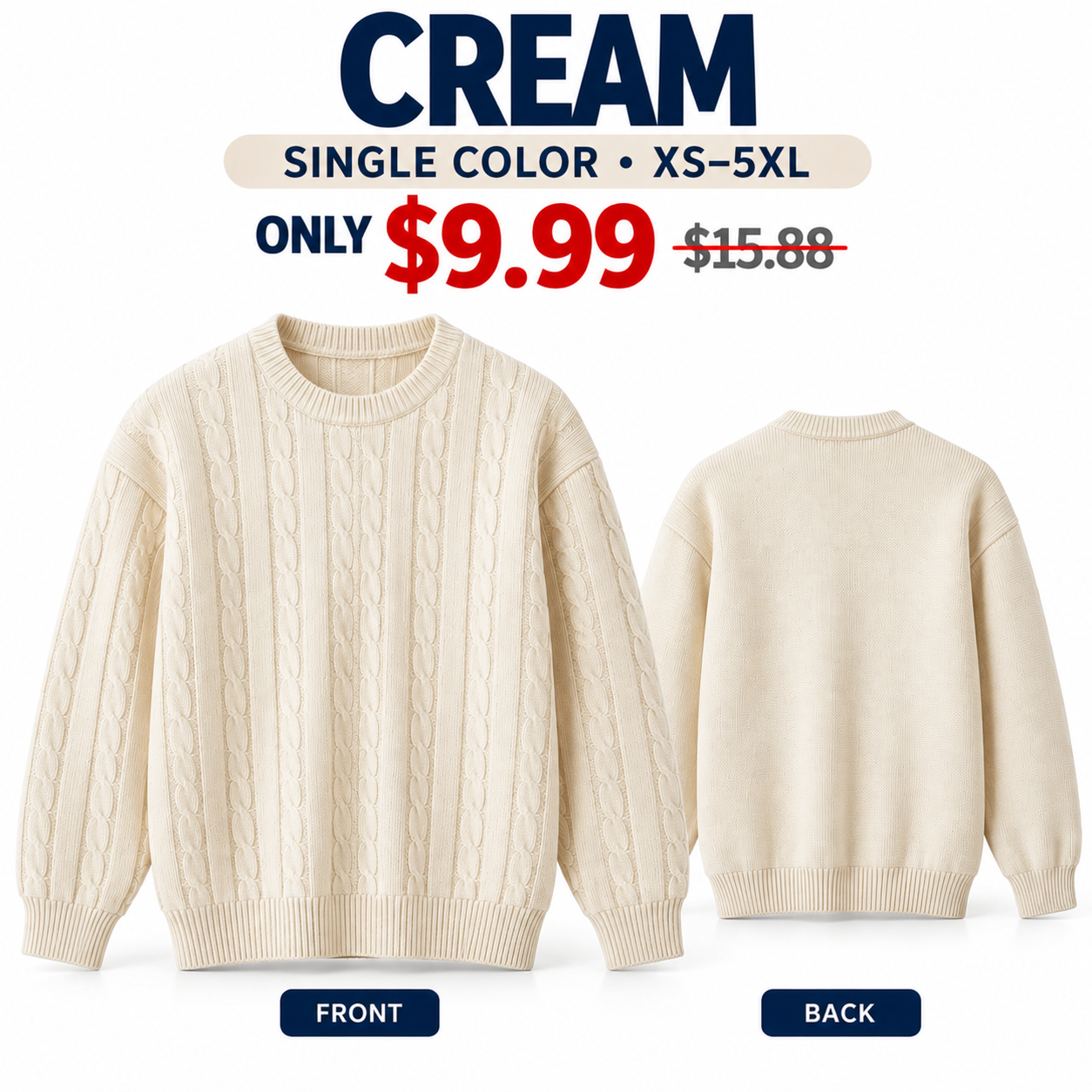 Cream cable-knit crewneck sweater, front and back