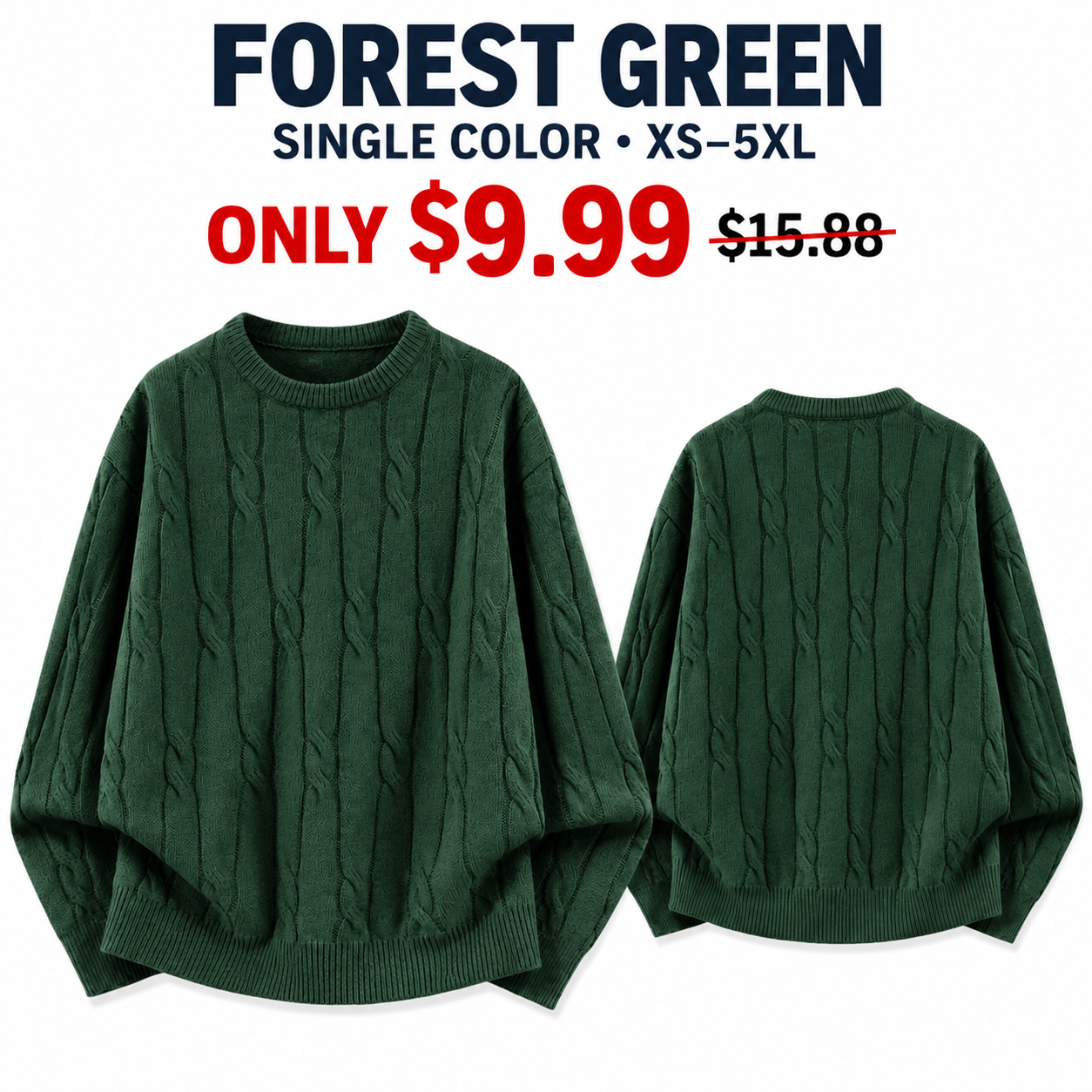 Forest Green cable-knit crewneck sweater, front and back
