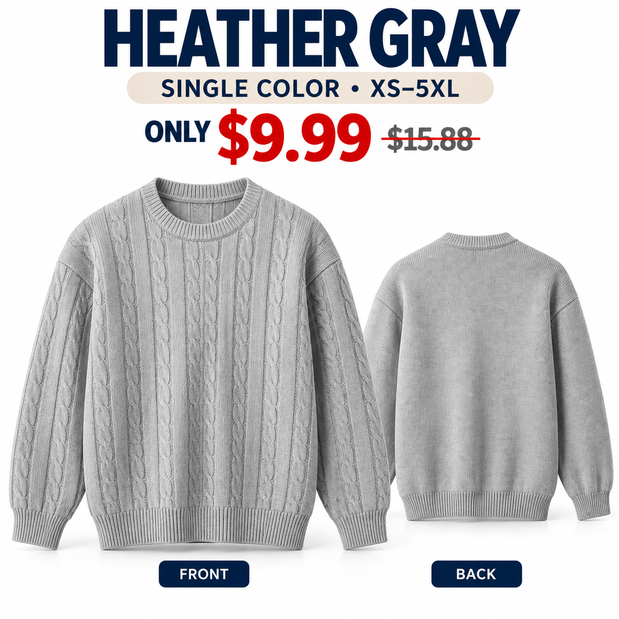 Heather Gray cable-knit crewneck sweater, front and back