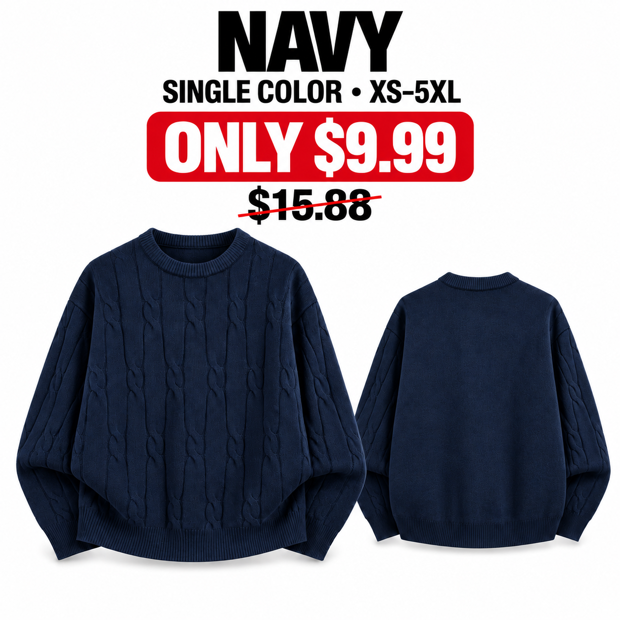 Navy cable-knit crewneck sweater, front and back