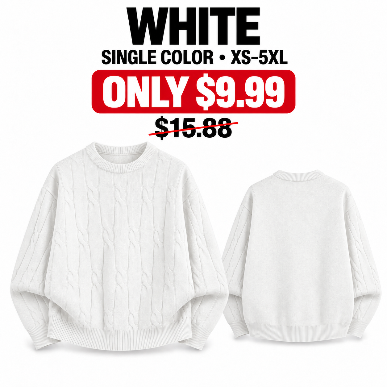 White cable-knit crewneck sweater, front and back