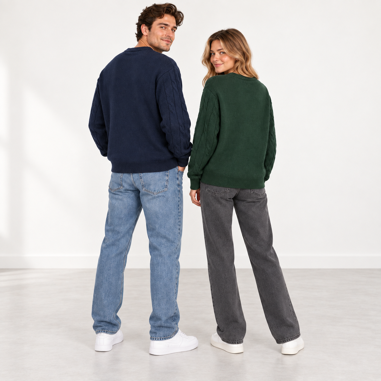 Male and female models showing plain sweater backs and cable-knit sleeves