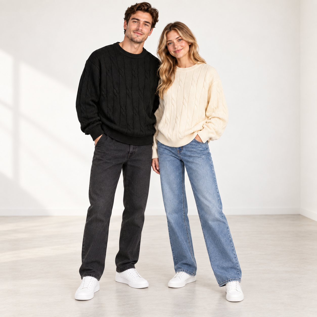 Male and female models wearing Black and Cream cable-knit sweaters in a clean studio