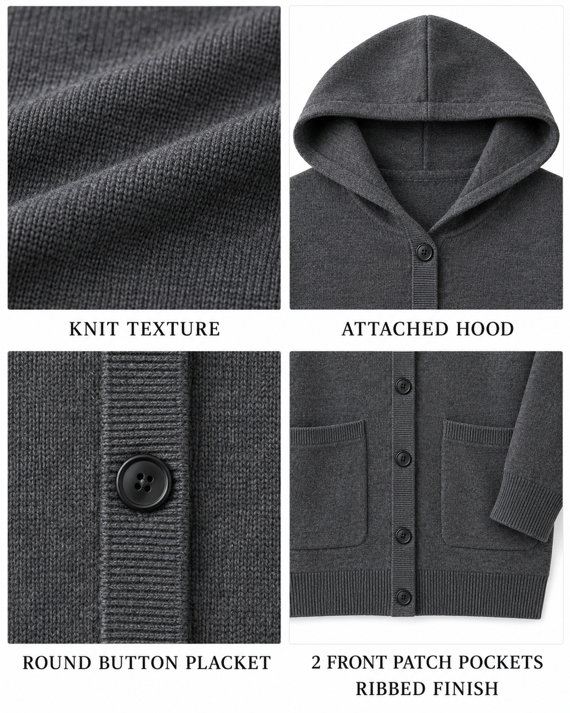 Hood, buttons, patch pockets, cuffs and hem construction