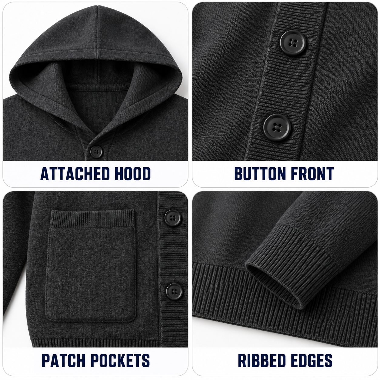 Attached hood, six-button front, patch pockets and ribbed edges of the fine-knit cardigan