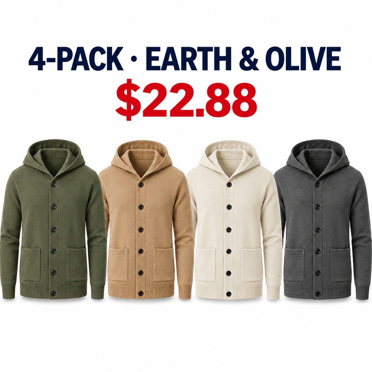 Four fine-knit hooded button cardigans in Earth and Olive colors, 4-Pack $22.88
