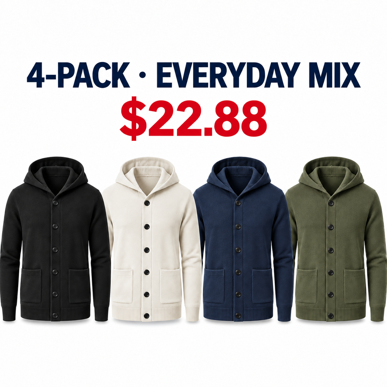 Four fine-knit hooded button cardigans in the Everyday Mix, 4-Pack $22.88