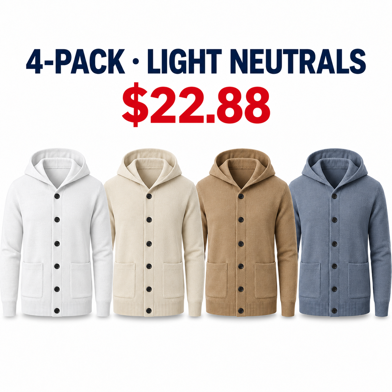Four fine-knit hooded button cardigans in Light Neutrals, 4-Pack $22.88