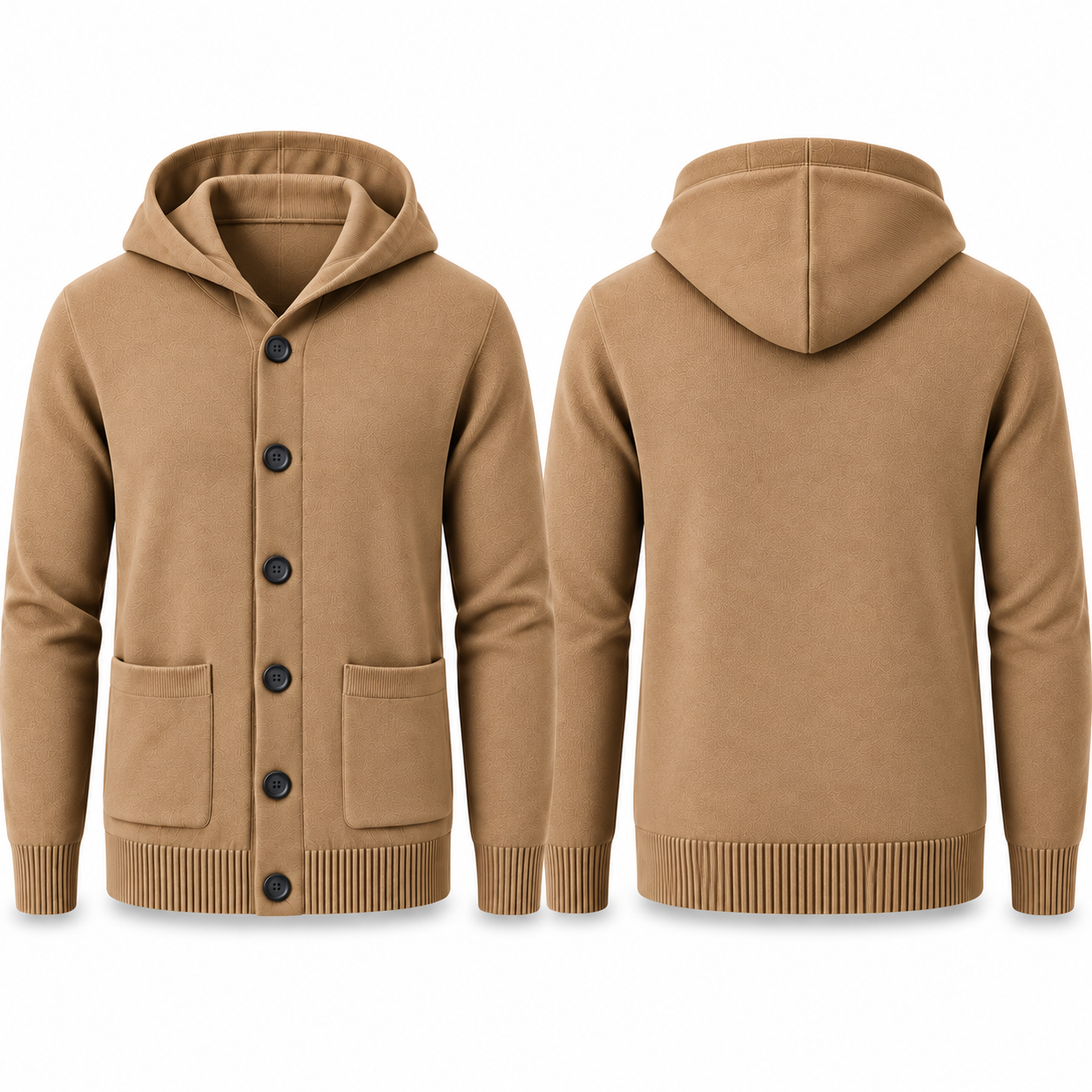 Camel fine-knit hooded button cardigan, front and back