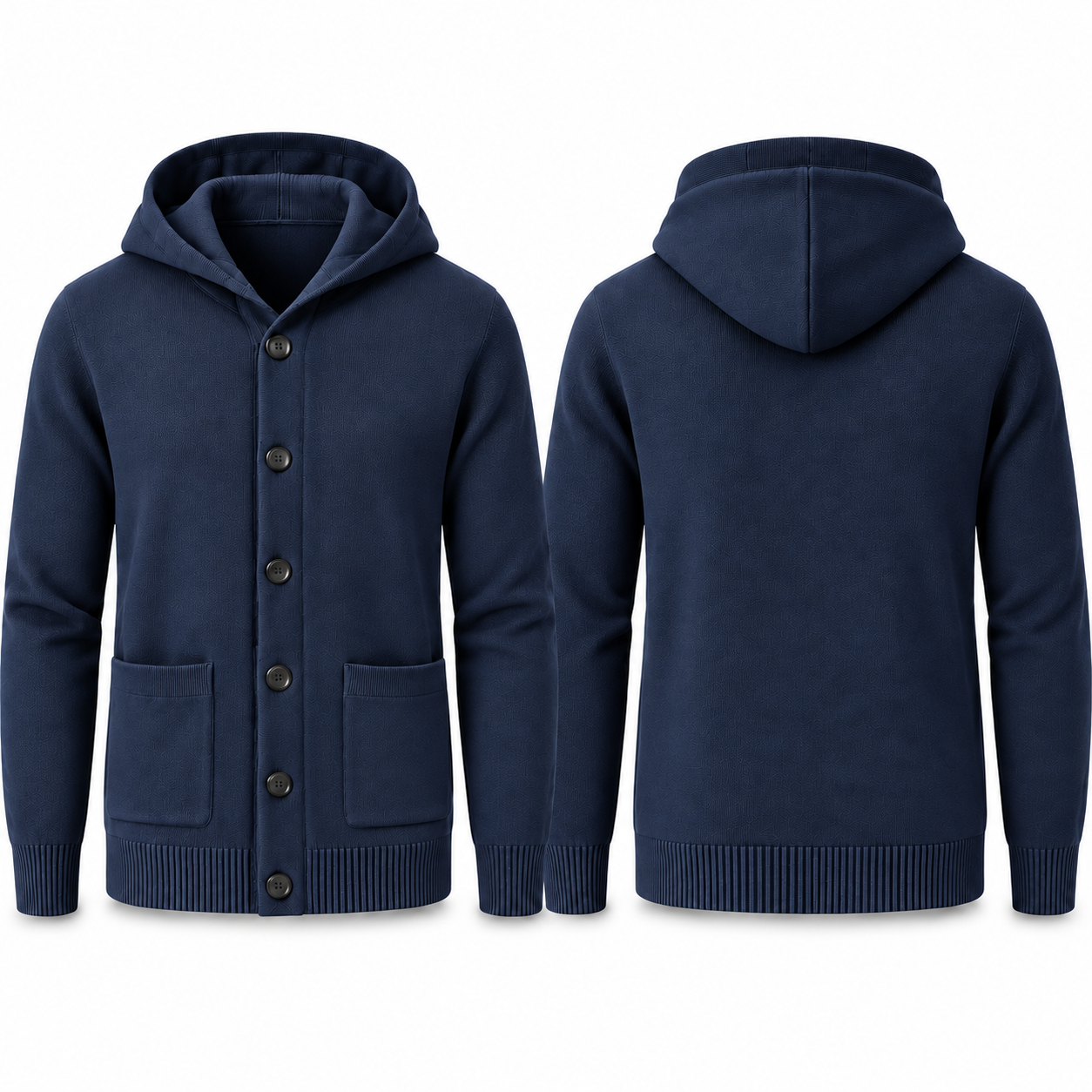 Navy fine-knit hooded button cardigan, front and back