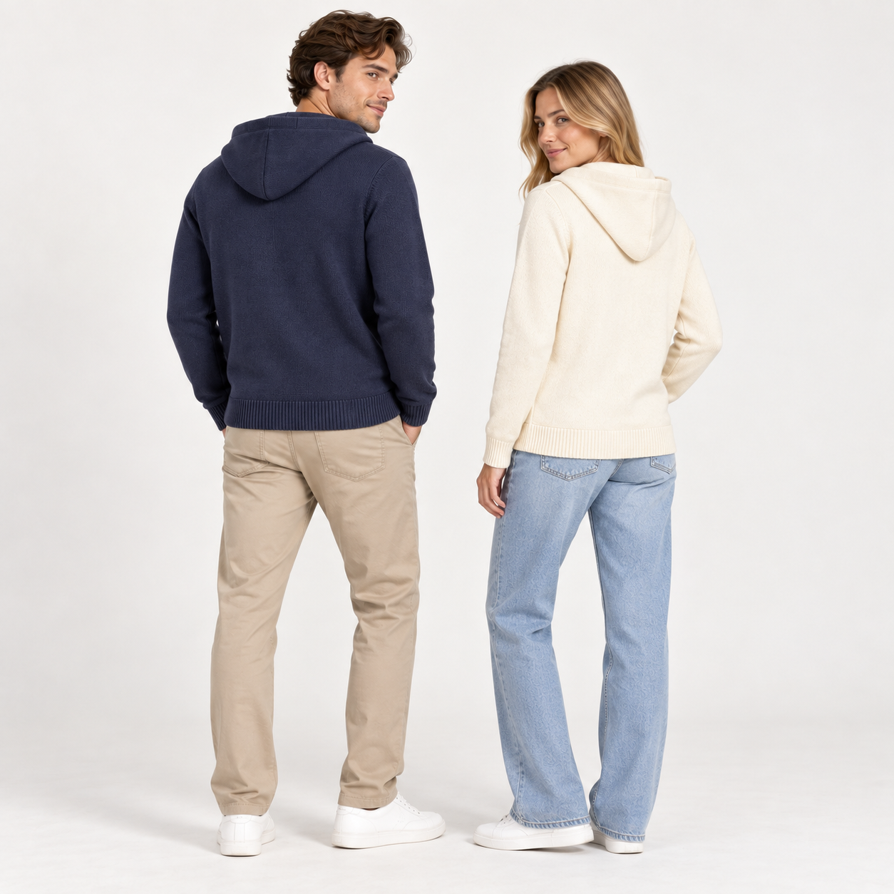 Back and three-quarter studio fit of Navy and Cream hooded button cardigans