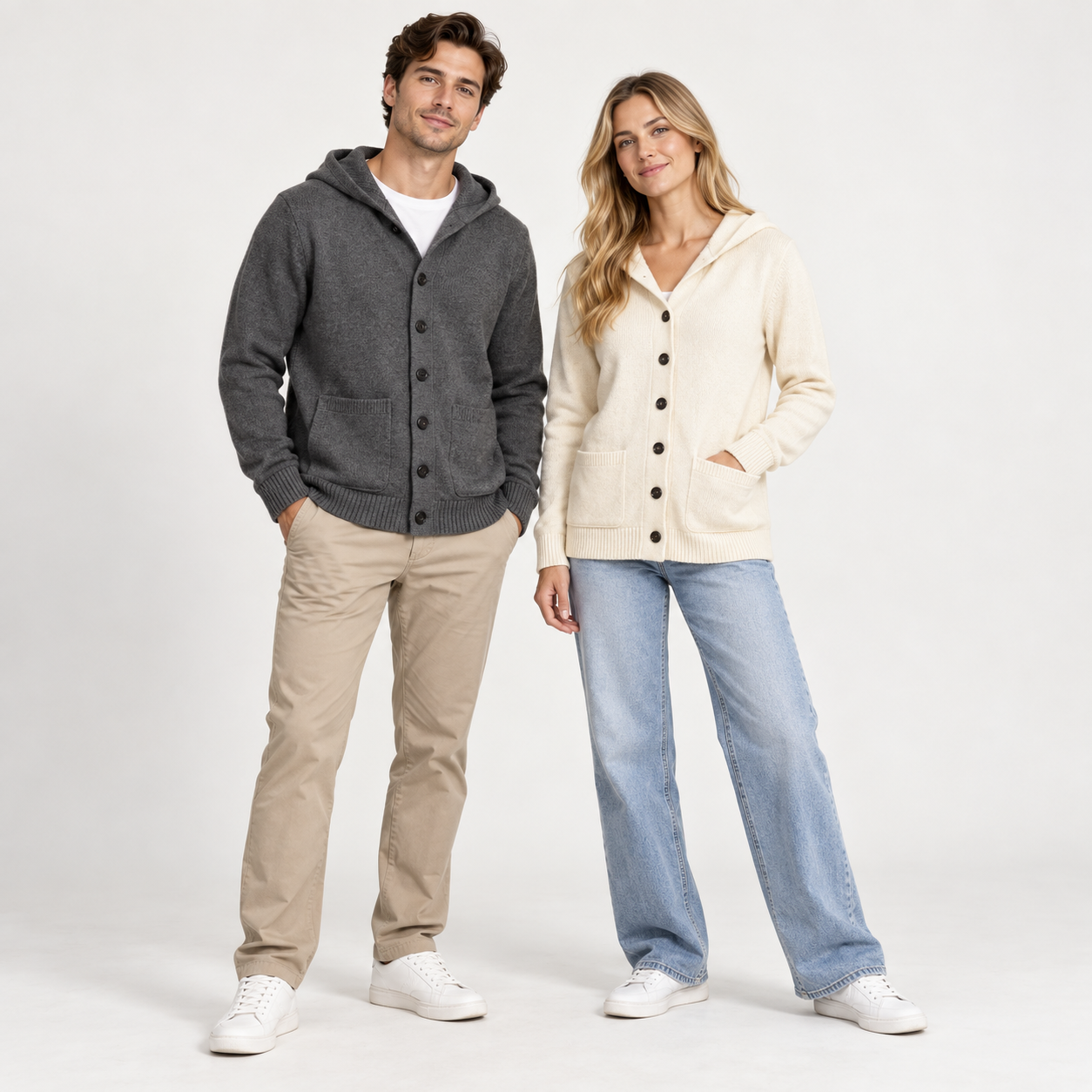 Young male and female models wearing Charcoal Gray and Cream hooded button cardigans in a clean studio