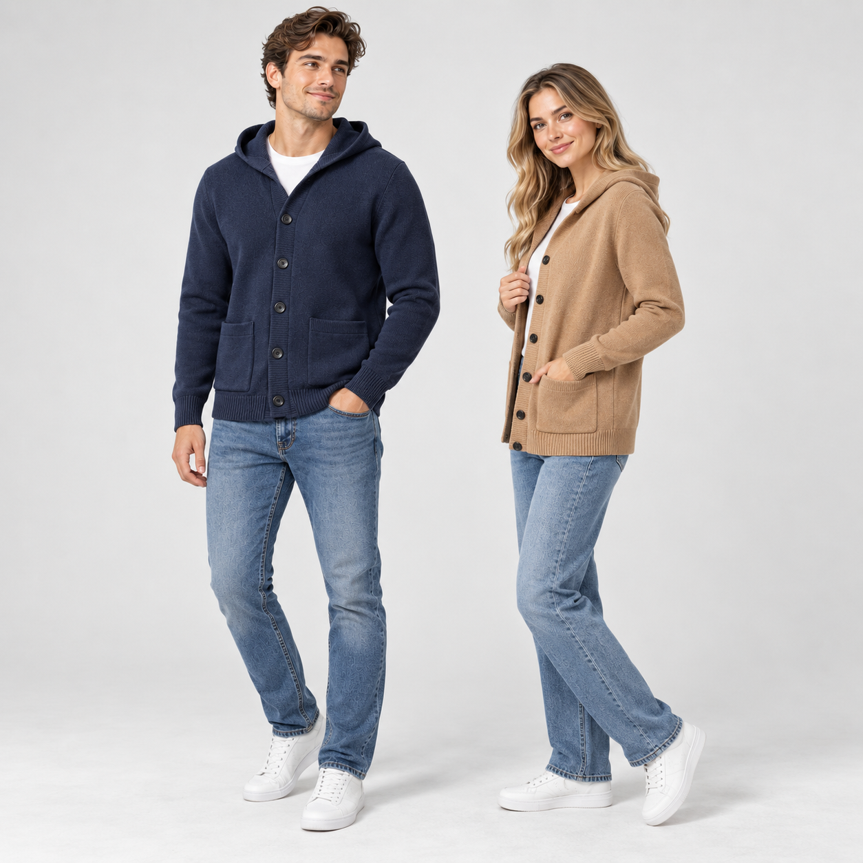 Young male and female models wearing Navy and Camel hooded button cardigans in a clean studio