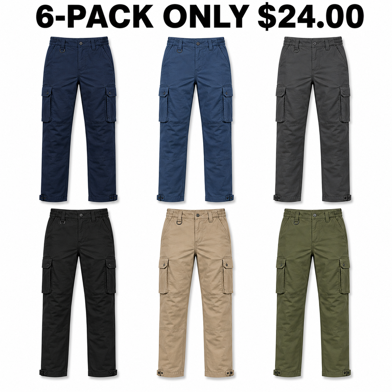 6-Pack Blue Steel dimensional ripstop tactical cargo work pants — 6-PACK ONLY $24.00