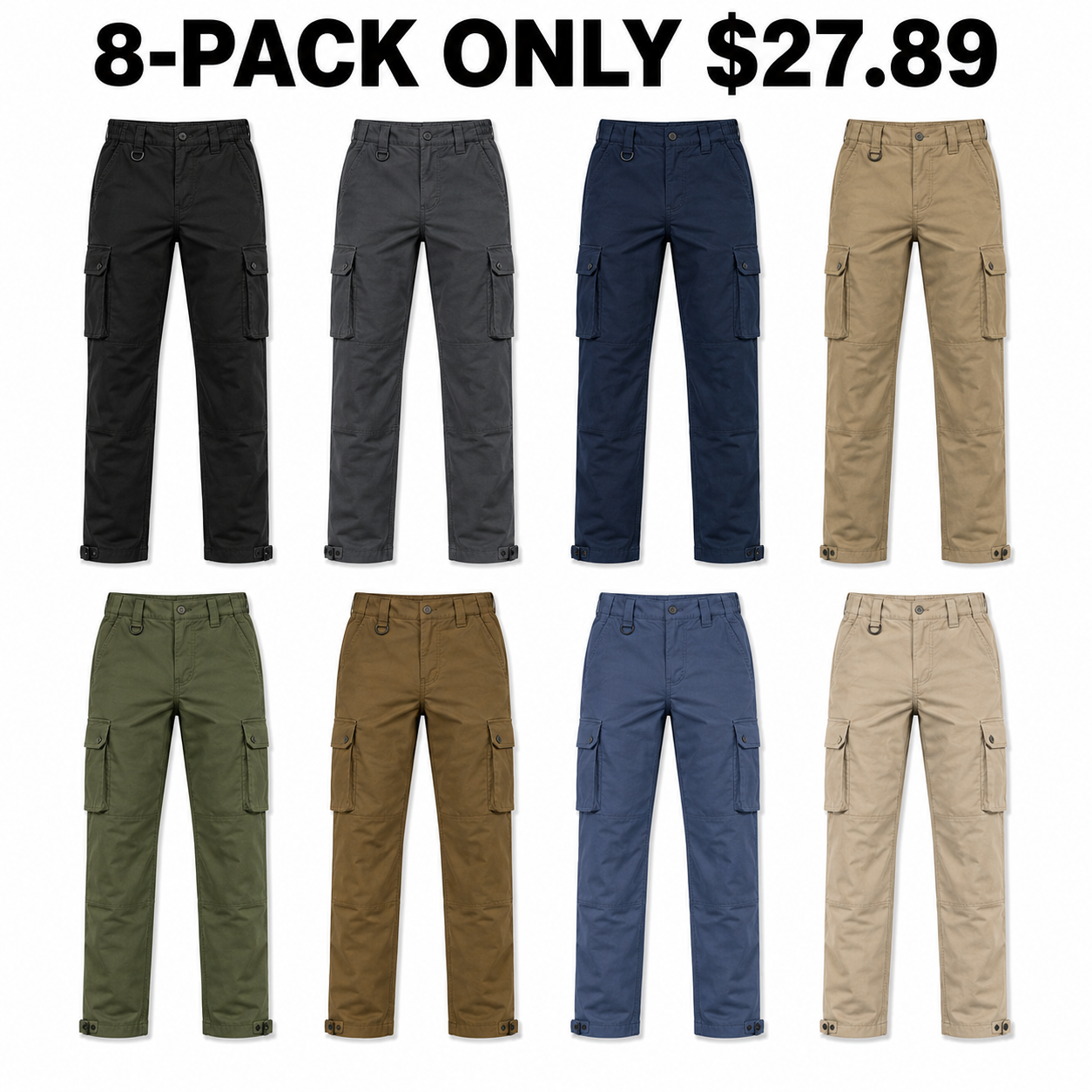 8-Pack All-Color Rotation dimensional ripstop tactical cargo work pants — 8-PACK ONLY $27.89