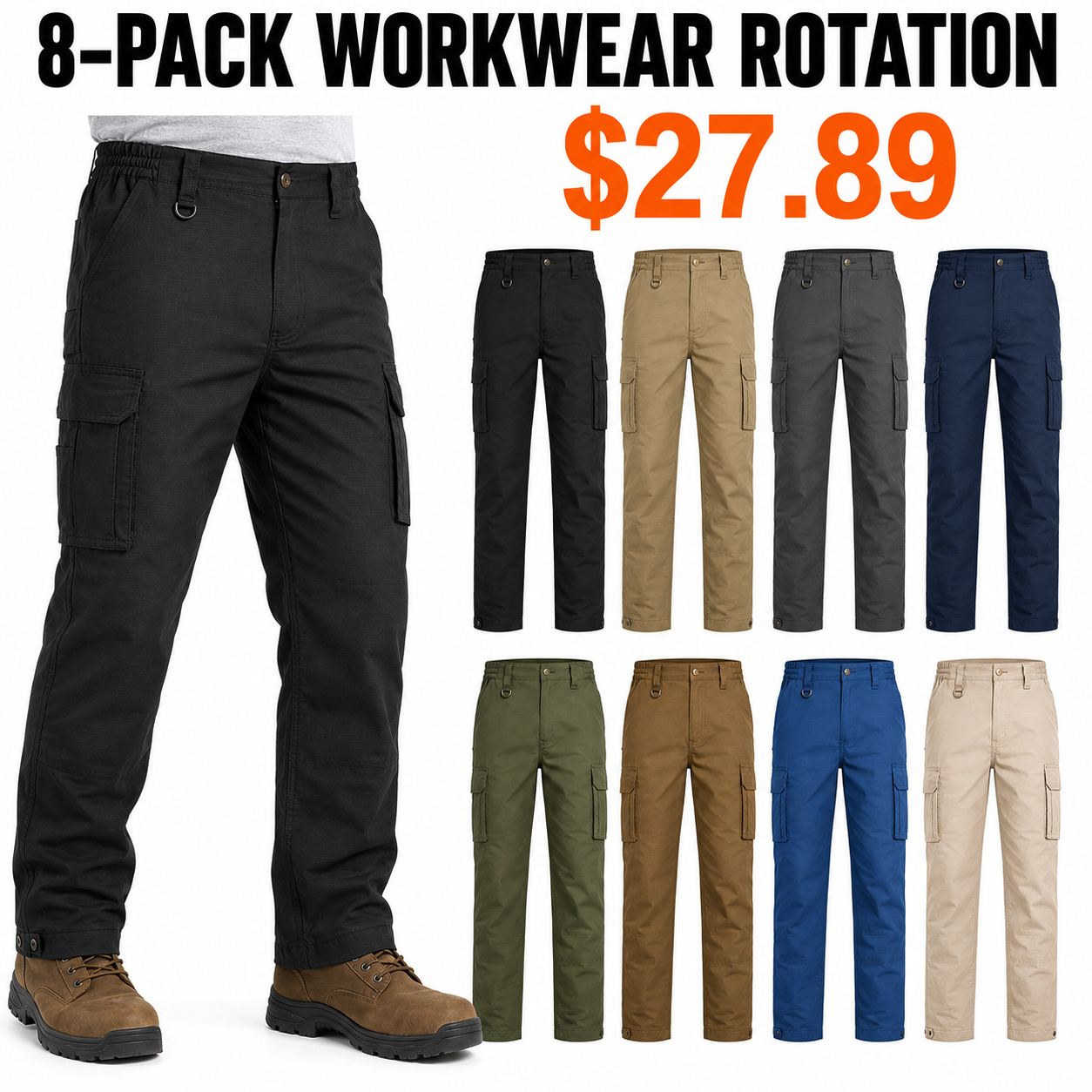 8-Pack workwear rotation cover with lower-body try-on and eight colors — $27.89