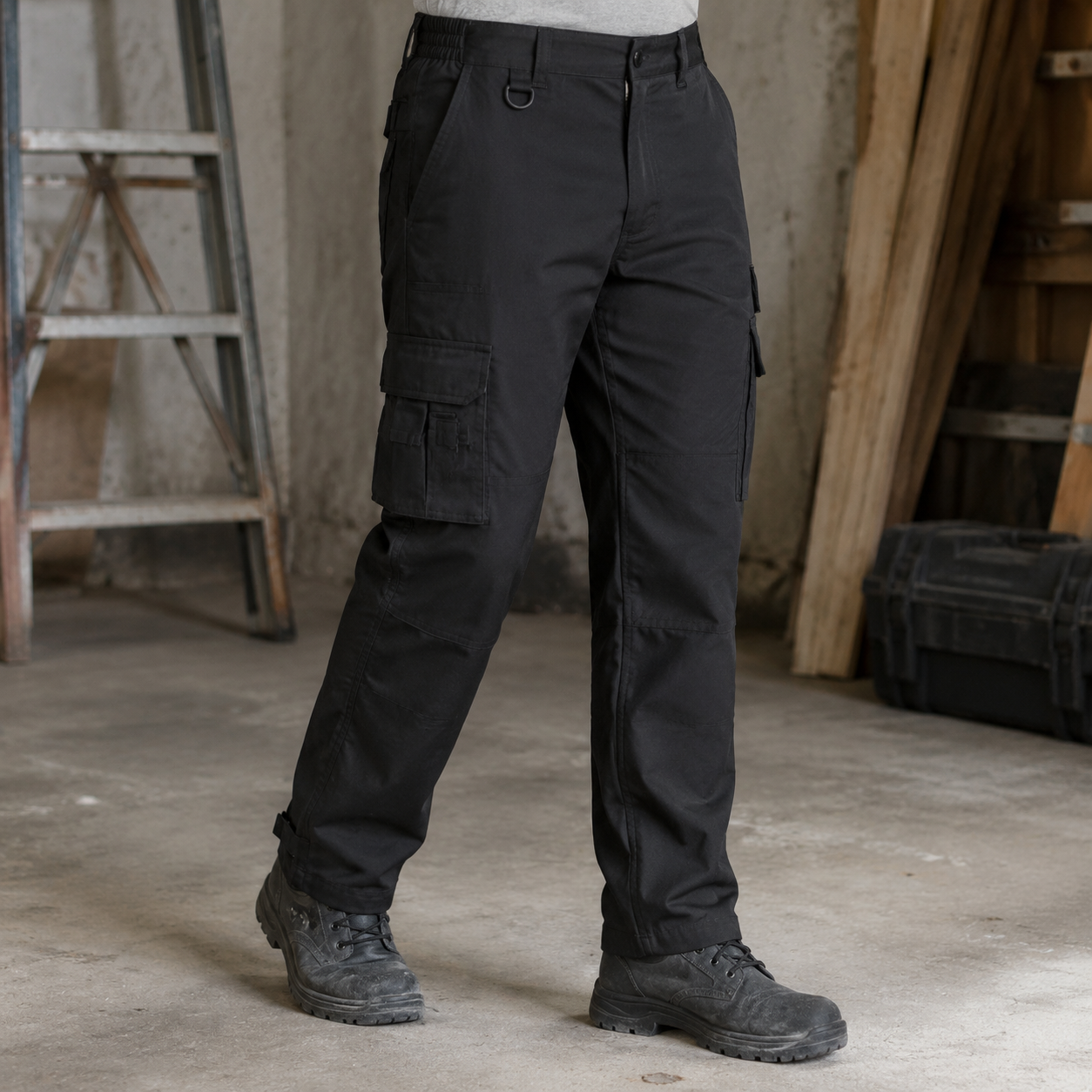 Black ripstop cargo work pants lower-body jobsite try-on