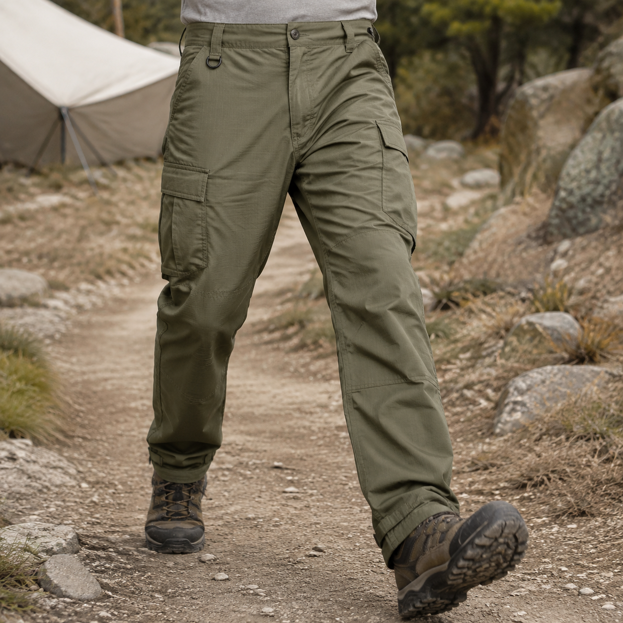 Olive Green ripstop cargo work pants lower-body trail try-on