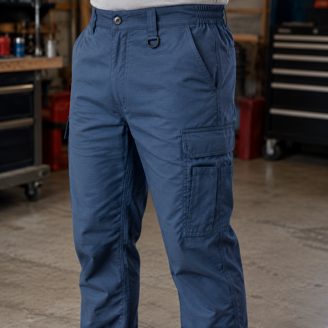 Workwear Blue cargo work pants close on-body waist and pocket view