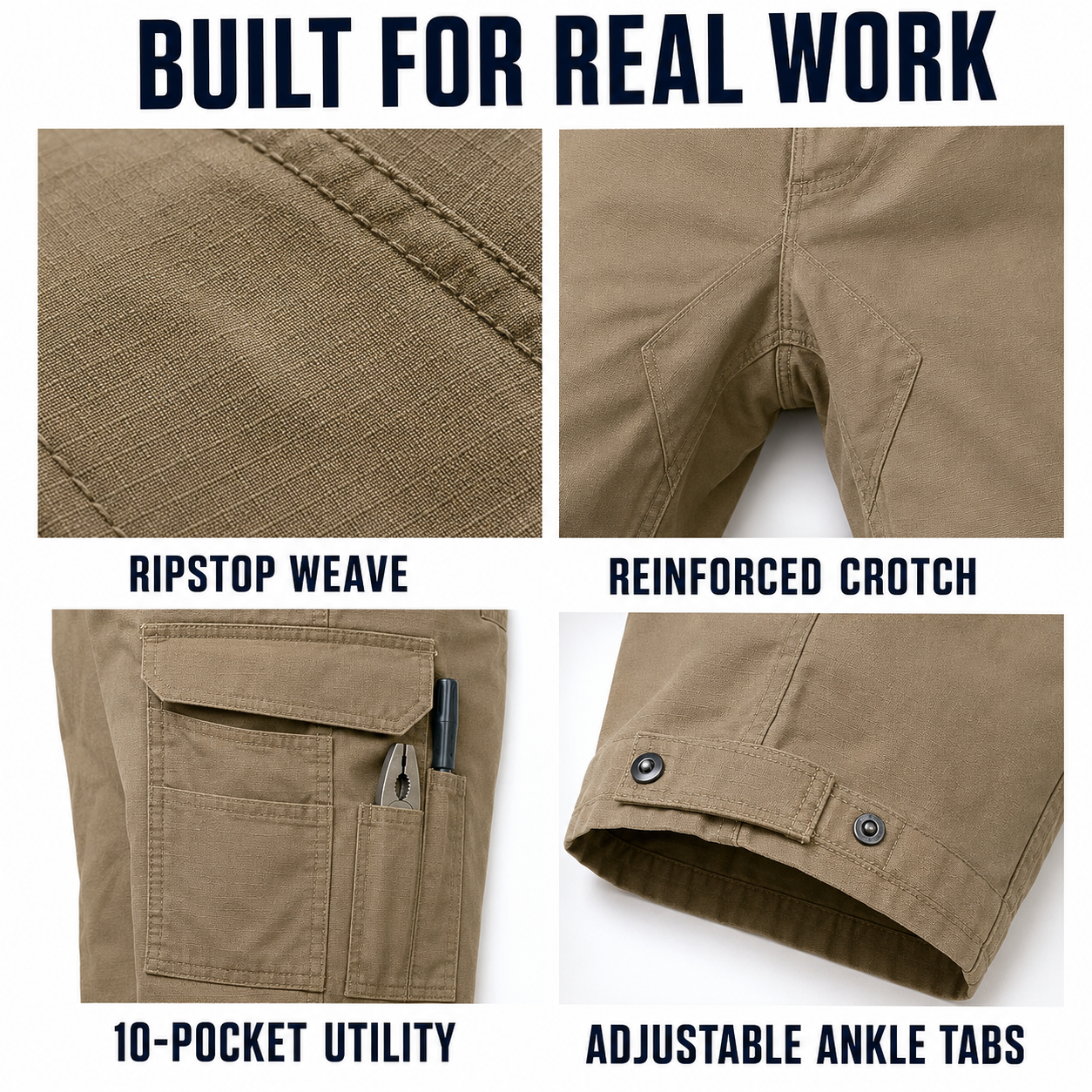 Ripstop weave reinforced crotch ten-pocket utility and adjustable ankle-tab details