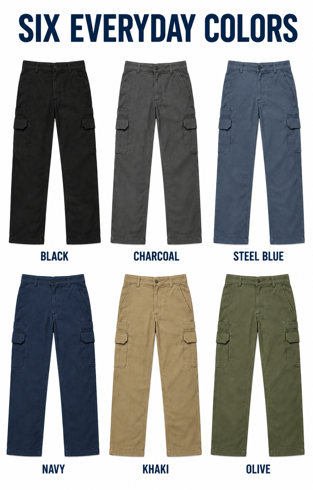 Six individual cargo work pants colors