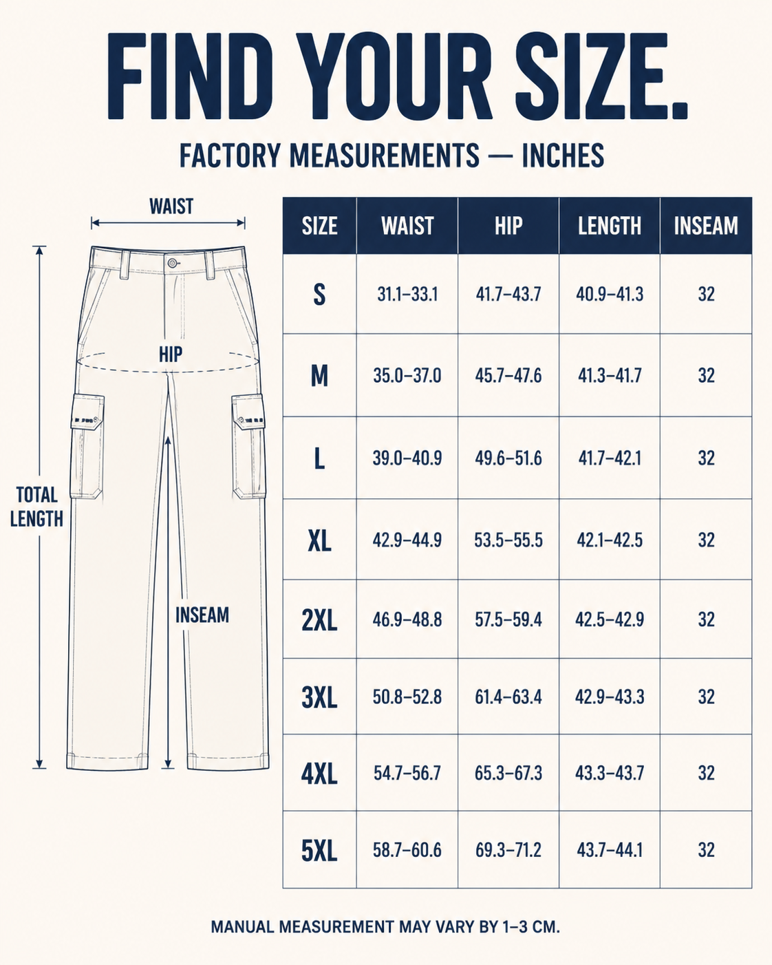 Factory-measured S through 5XL cargo pants size chart