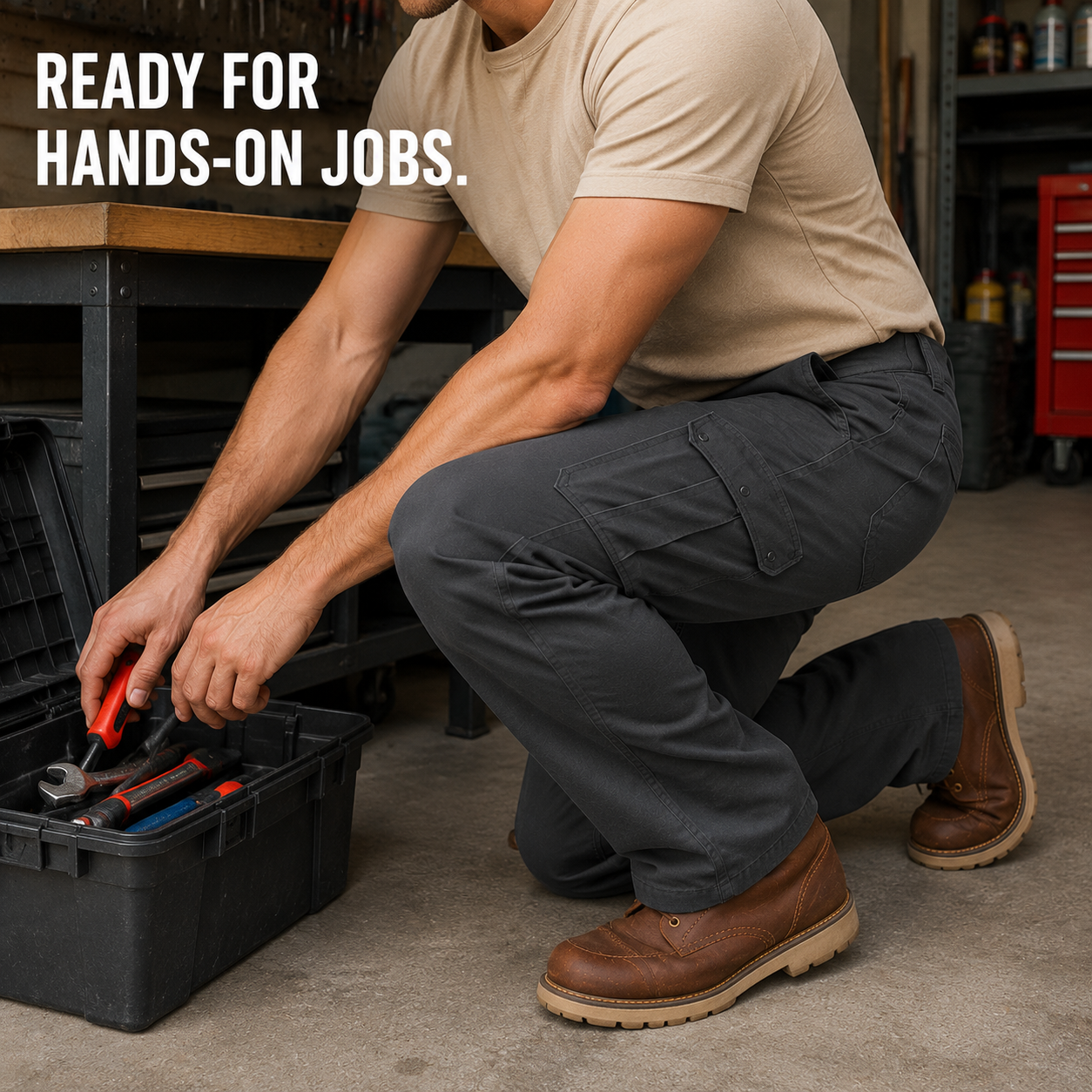 Cargo work pants in a garage workshop