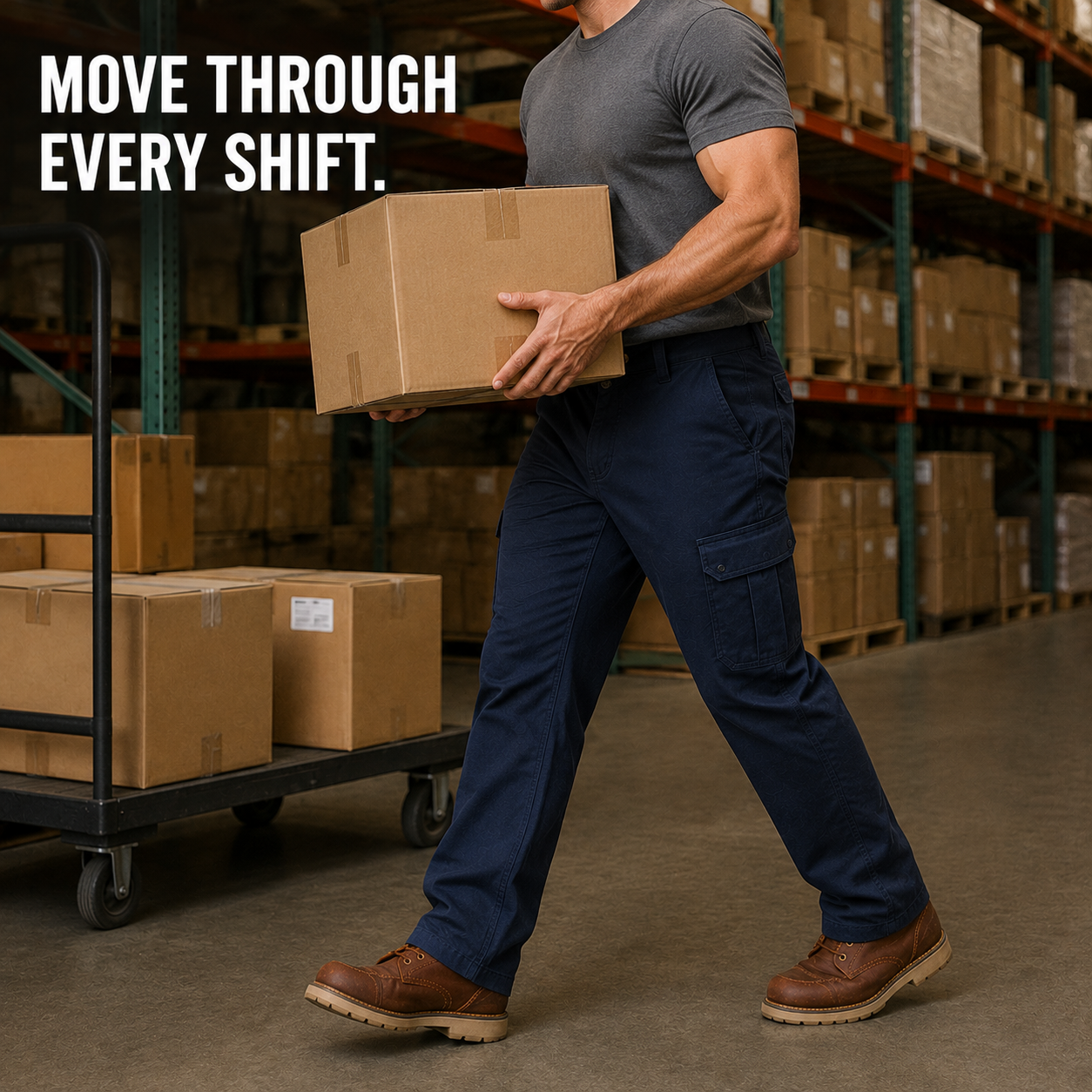 Cargo work pants during warehouse tasks