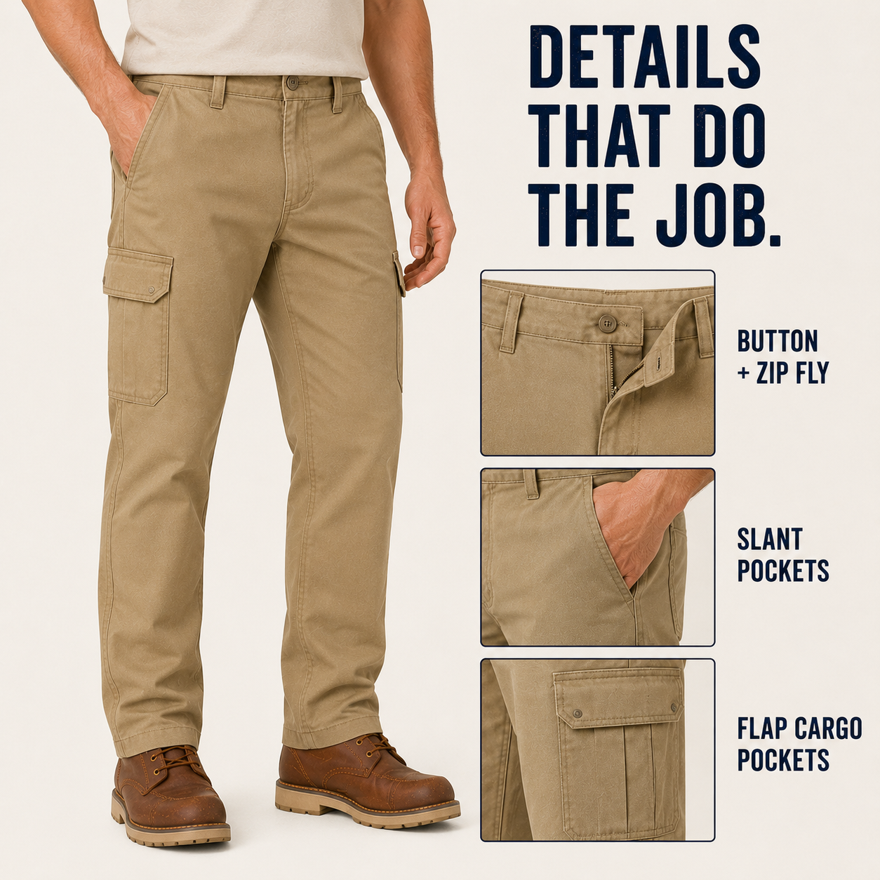 Cargo work pants waistband pockets and fit details
