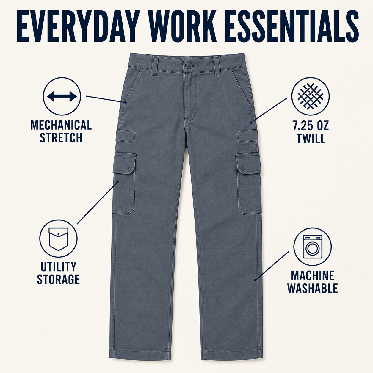 Mechanical stretch twill and utility pocket benefits