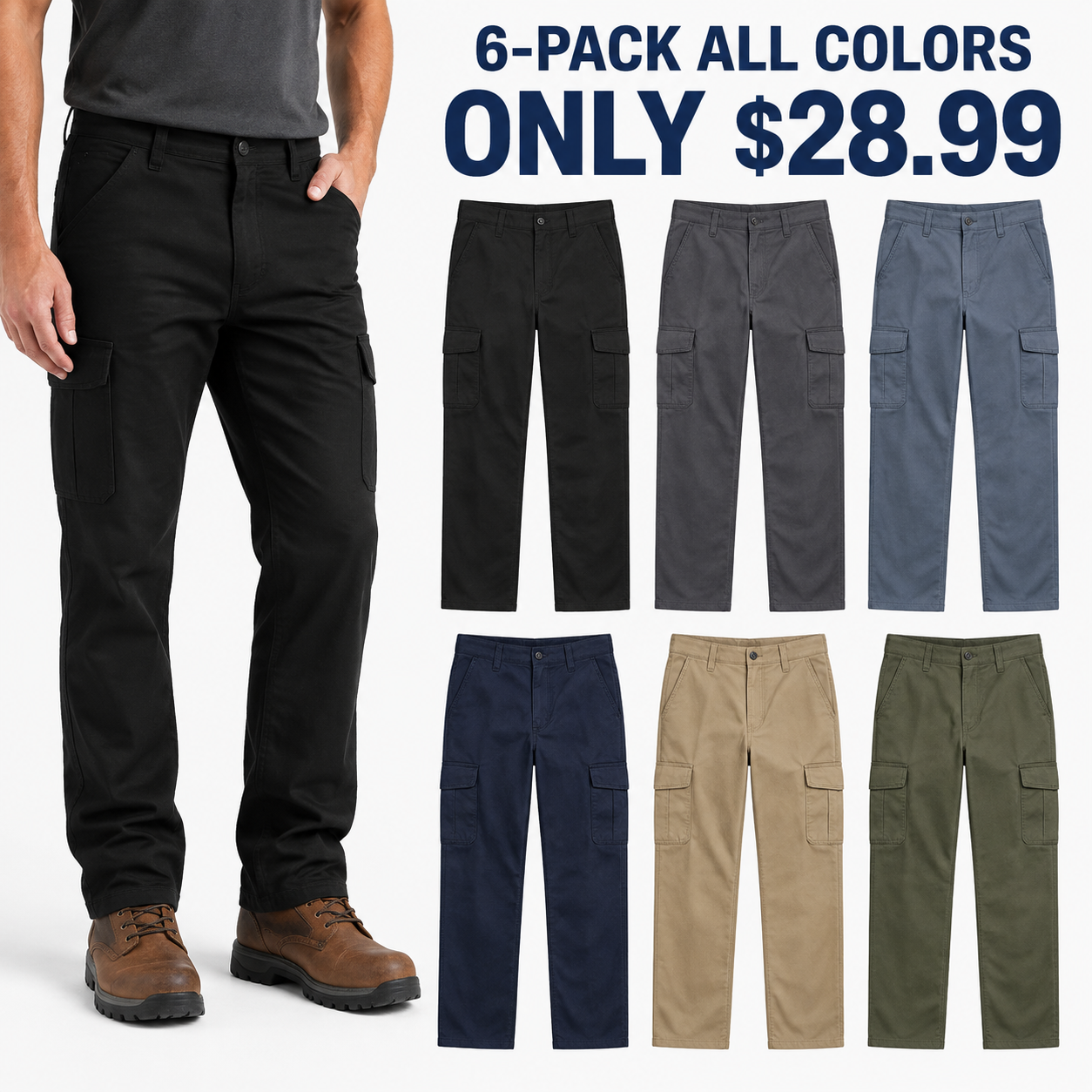 6-Pack All Colors cargo work pants cover with faceless model and six colors